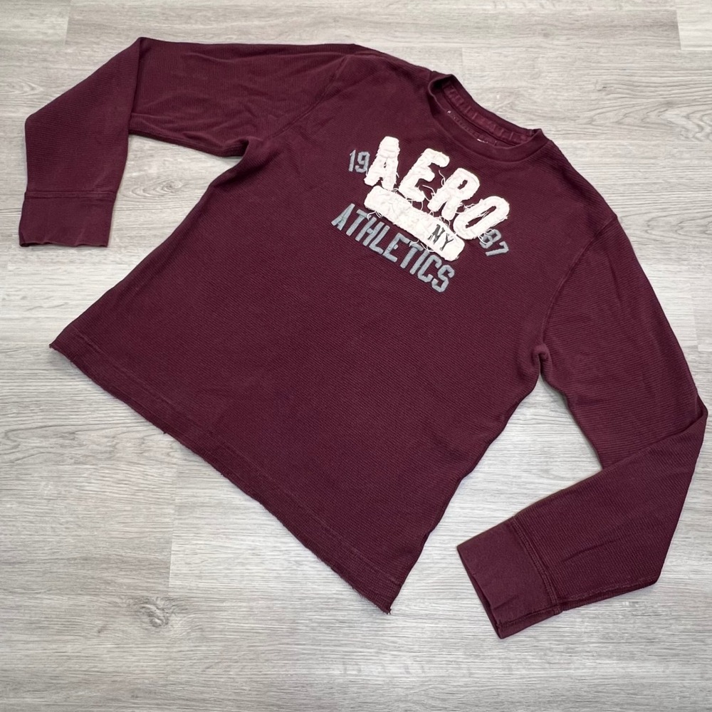 Vintage Aeropostale Long Sleeve Burgundy Waffle Knit Athletics T-Shirt Mens L